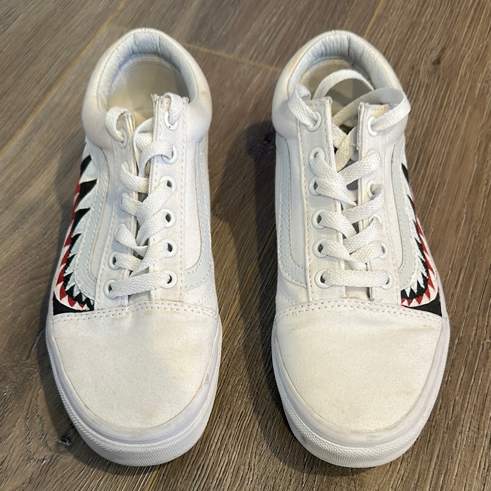 VANS Old Skool BAPE Shark White Sneakers with Red and Black Pattern